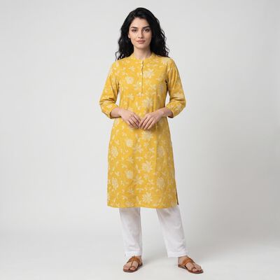 Women's Yellow Mandarin Collar Floral Printed Kurta