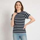 Ladies'  Stripes Round Neck T-Shirt, Navy Blue, small