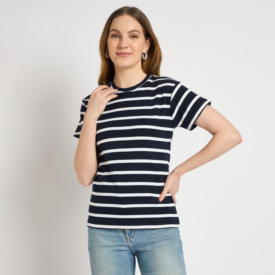 Ladies'  Stripes Round Neck T-Shirt, Navy Blue, large