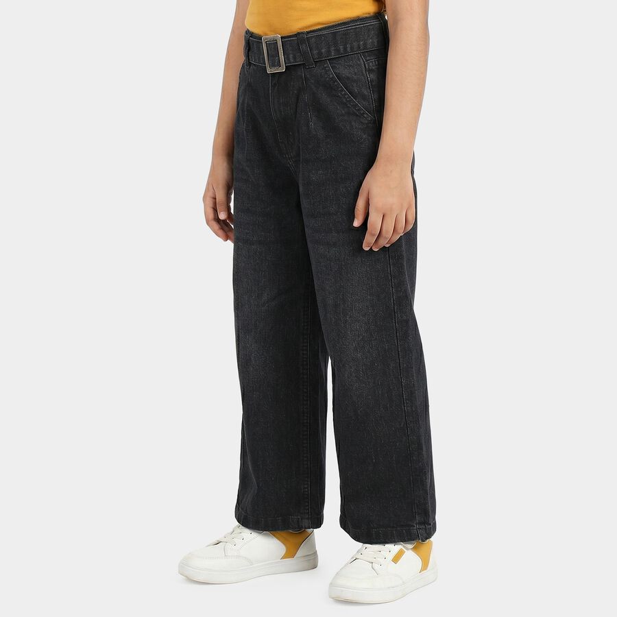 Girls Black Wide Leg Belted Jeans, Black, large