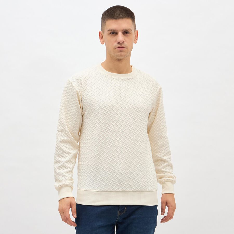 Men's Soft Eggshell White Crew Neck Textured Sweatshirt, Ecru Melange, large image number null