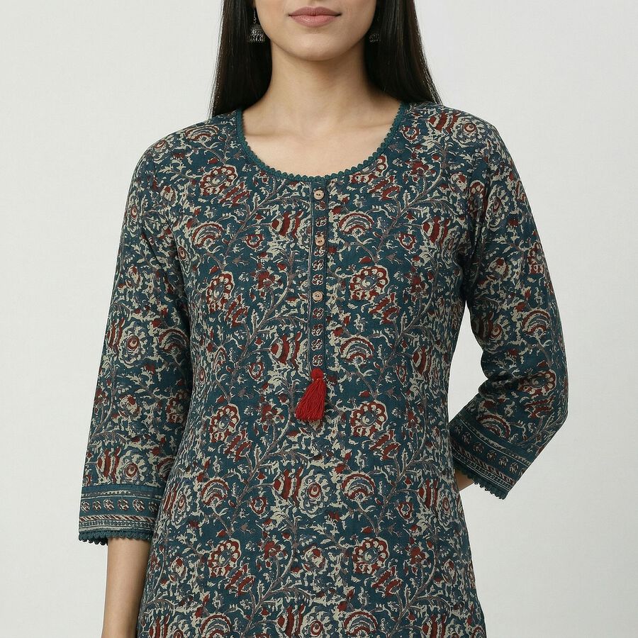 Women's Dark Green Cotton Round Neck Floral Printed Kurta, गहरा हरा, large