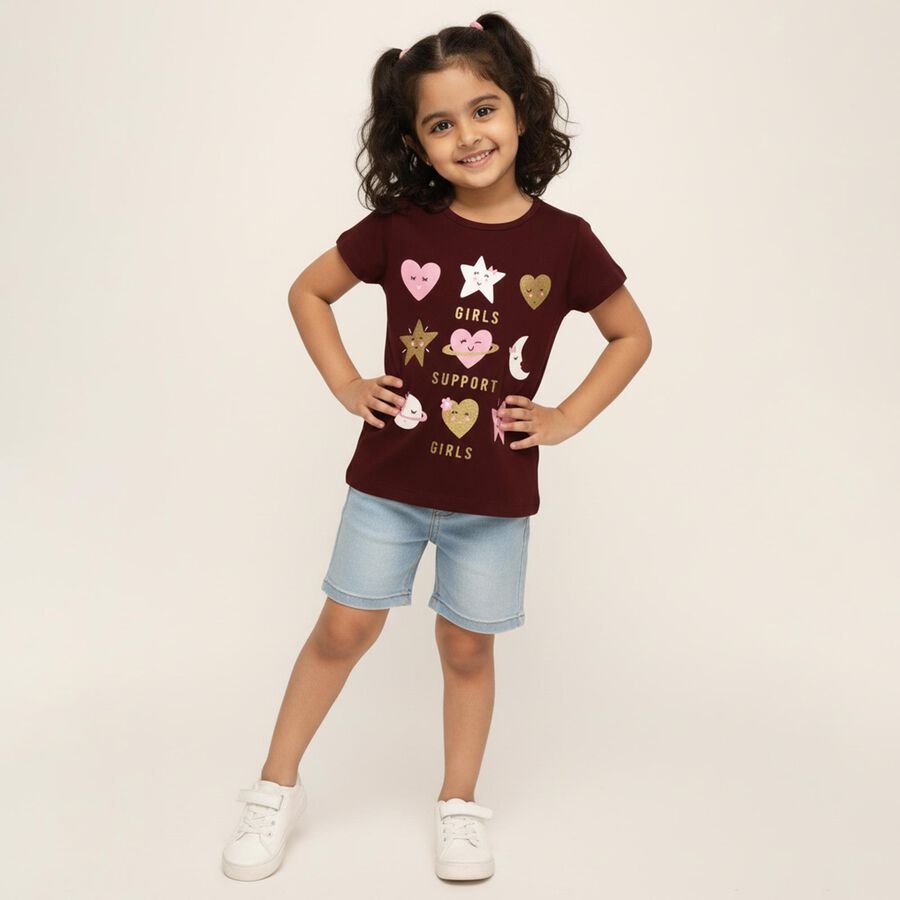 Girls' Burgundy Cotton Round Neck Graphic T-Shirt, Wine, large image number null