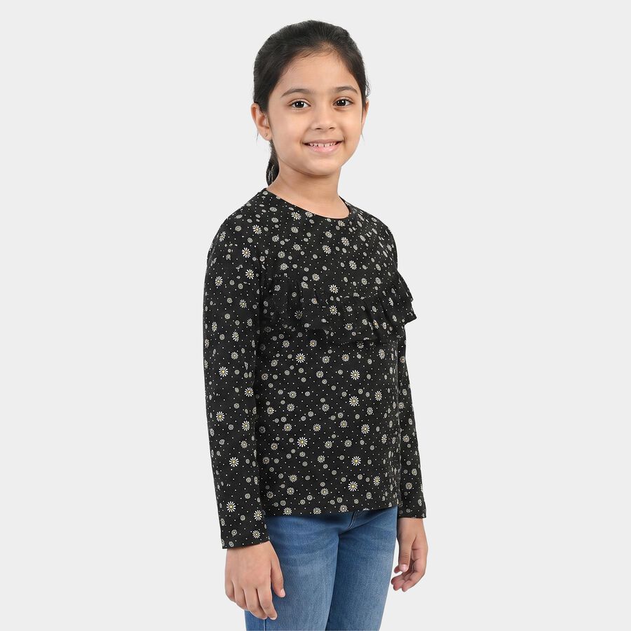Girls' Black Round Neck Floral Regular Top, काला, large