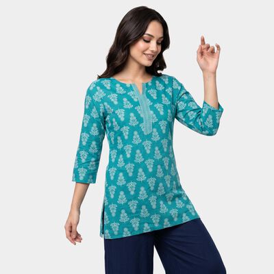 Women's Mid Blue Round Neck Printed Straight Kurti