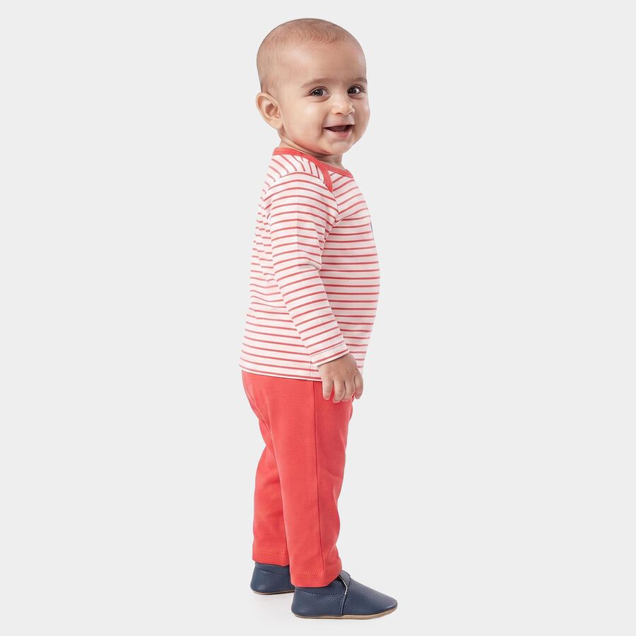 Infants' Coral 100% Cotton Round Neck Striped Baba Suit, Coral, large
