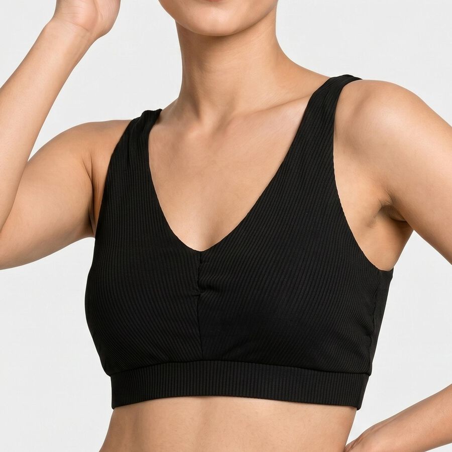Women's Black V-Neck Sports Bra, काला, large