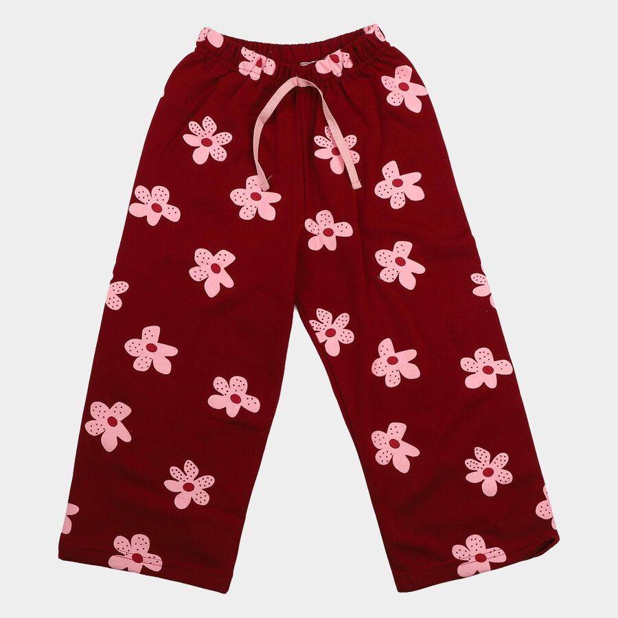 Girls' Wine Straight Fit Floral Printed Pyjama, वाइन, large