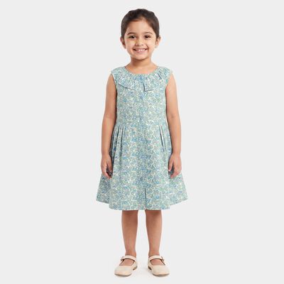 Girls' Light Blue Floral Printed Fit and Flare Frock