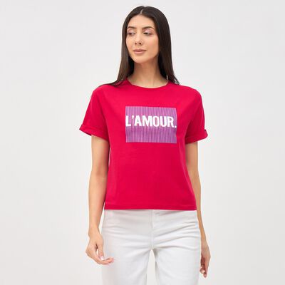 Women's Vibrant Red Cotton Round Neck Printed T-Shirt