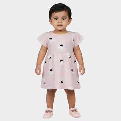 Infants' Pink Cotton Printed Flutter Sleeve Frock