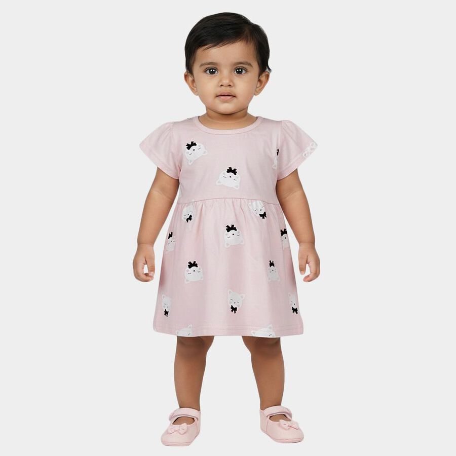 Infants' Pink Cotton Printed Flutter Sleeve Frock, Light Pink, large