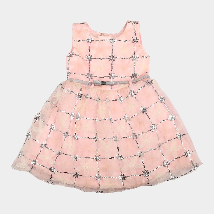 Girls' Pink Fit and Flare Sequin Embellished Party Wear Frock, हल्का गुलाबी, large