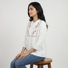 Women's White Embroidered Mandarin Collar Regular Fit Shirt, सफ़ेद, small
