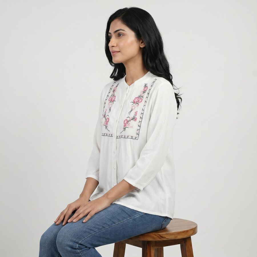 Women's White Embroidered Mandarin Collar Regular Fit Shirt, सफ़ेद, large