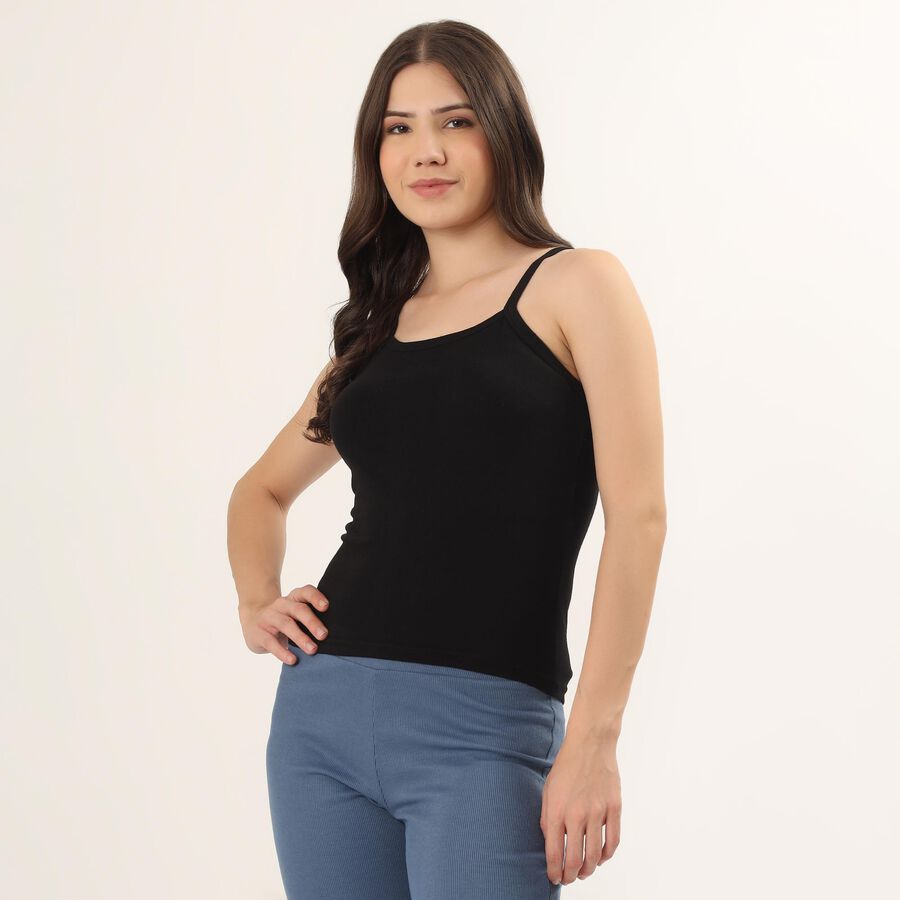Women's Black Cotton Round Neck Minimalist Slip, काला, large