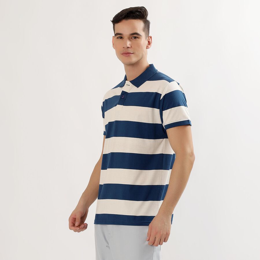 Men's Navy Blue and White Polo Collar Casual T-Shirt, Mid Blue, large image number null
