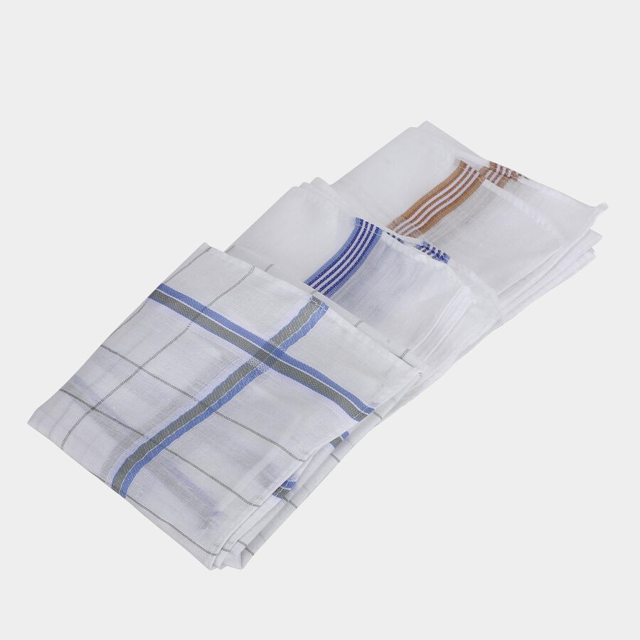 Men's White Checked Pack of 3 Handkerchief, Dark Grey, large