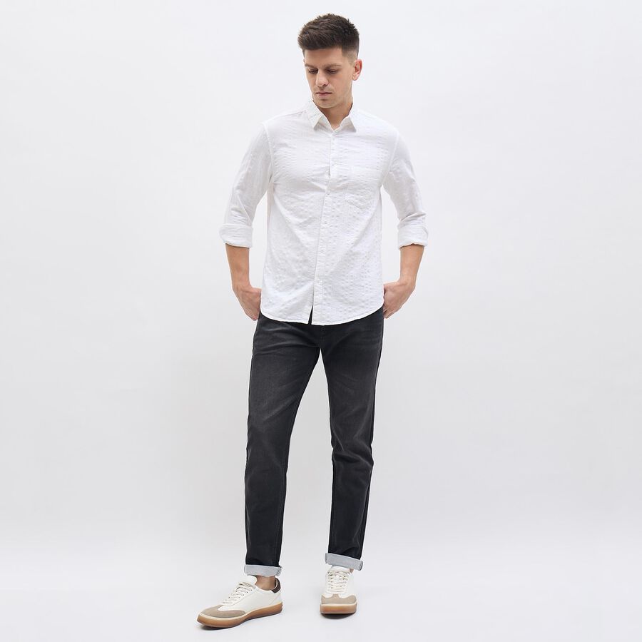 Men's White Cotton Full Sleeve Classic Collar Textured Shirt, White, large