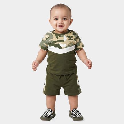 Infants' Olive Green 100% Cotton Round Neck Camouflage Printed Baba Suit