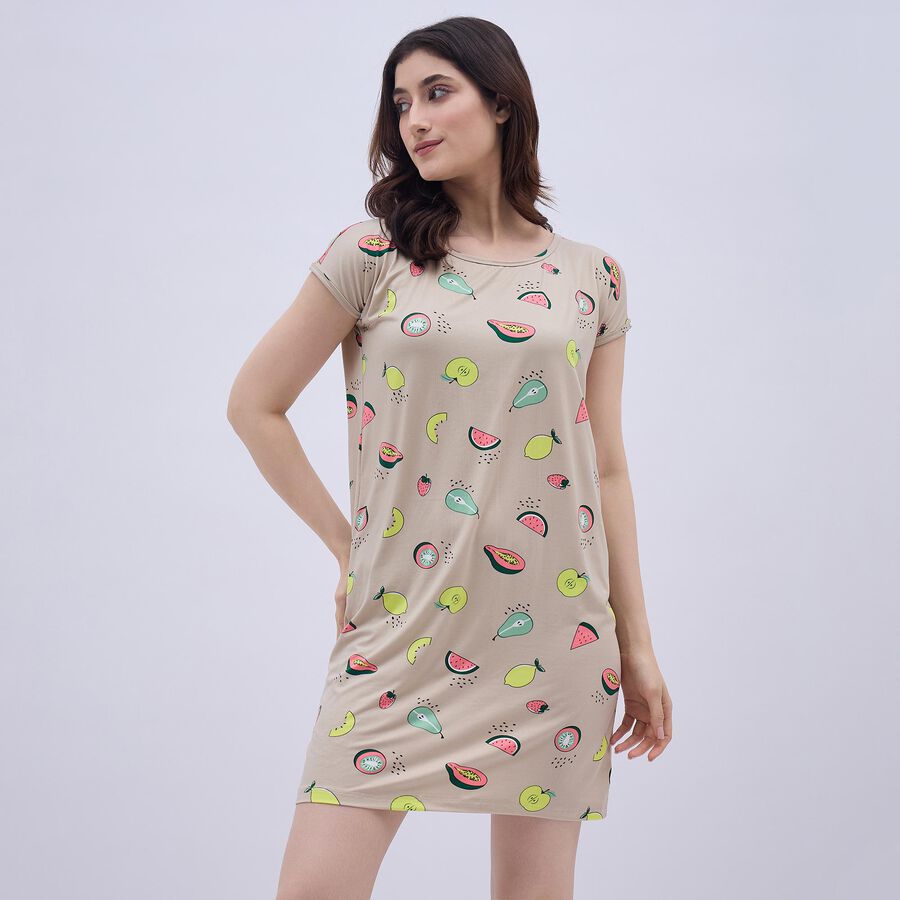 Women's Light Beige Round Neck Casual Nighty, Beige, large image number null