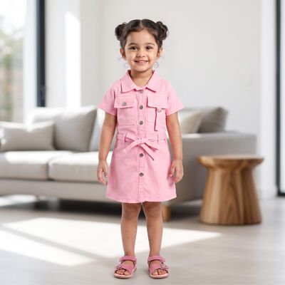 Girls' Pink Shirt Style Solid Frock