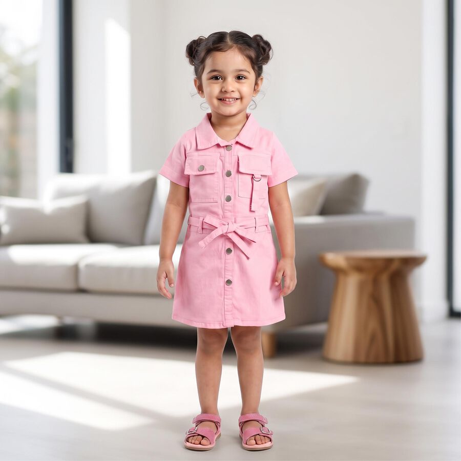Girls' Pink Shirt Style Solid Frock, गुलाबी, large