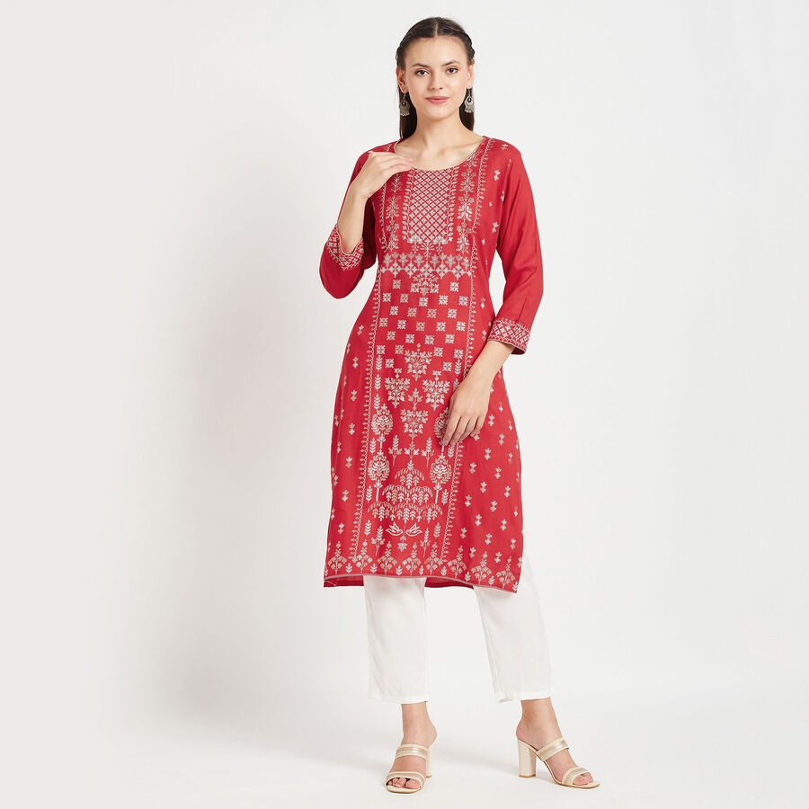 3/4Th Sleeves Straight Kurta, Red, large image number null