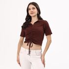 Women's Rich Chocolate Brown Cotton Collared Casual Crop Top, Brown, small