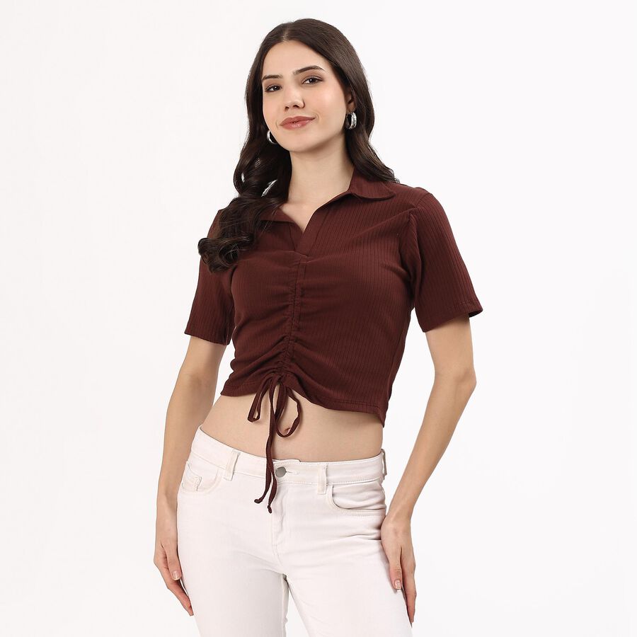 Women's Rich Chocolate Brown Cotton Collared Casual Crop Top, Brown, large