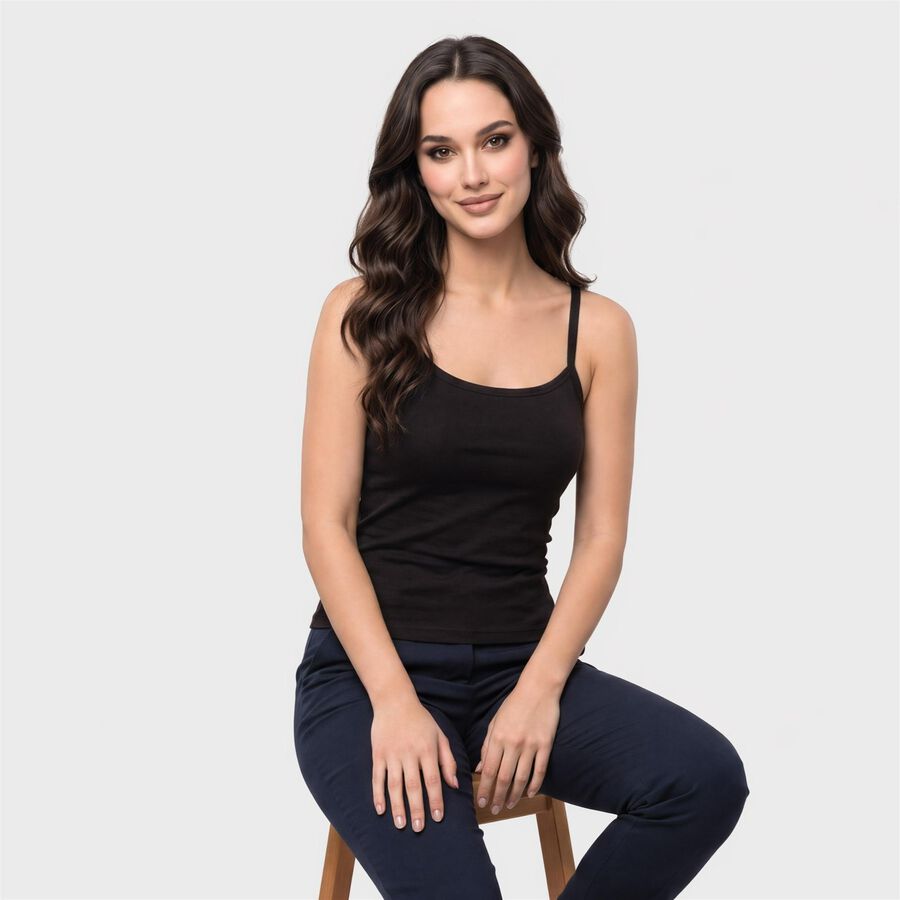 Women Black Cotton Scoop Neck Camisole Slips, काला, large
