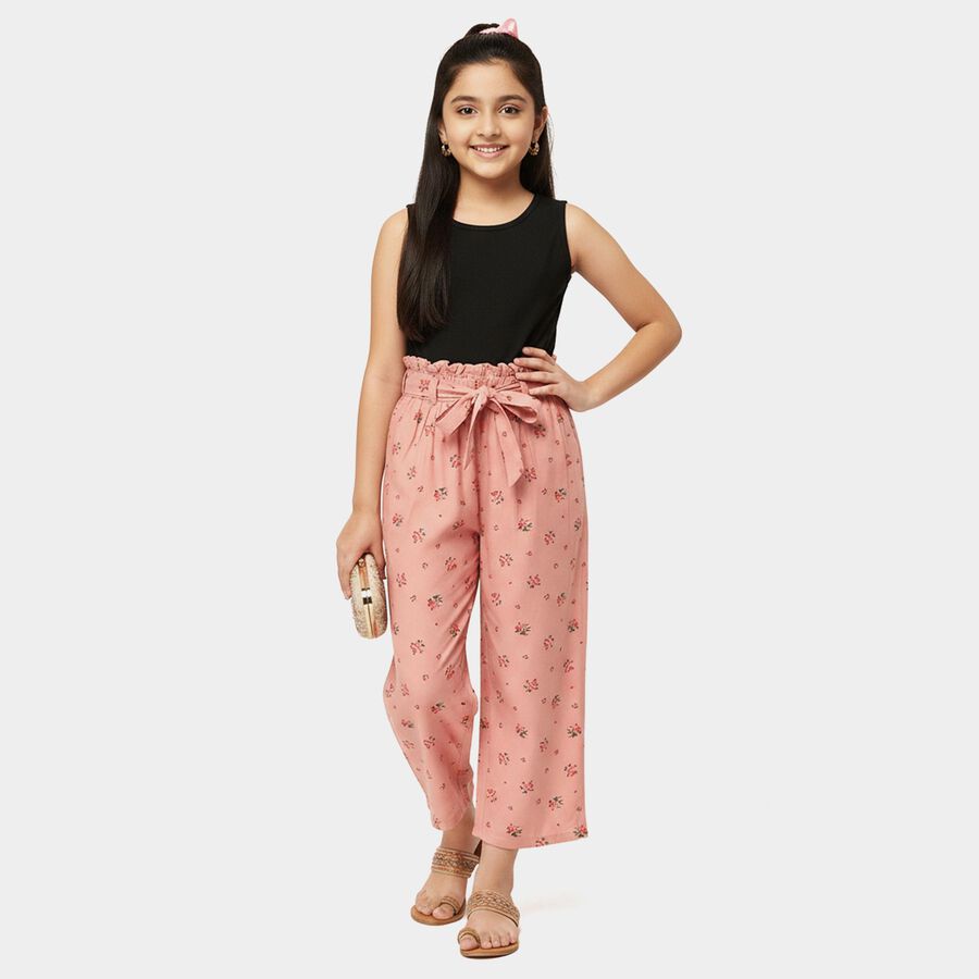 Girls Peach Regular Fit Floral Printed Capri, पीच, large