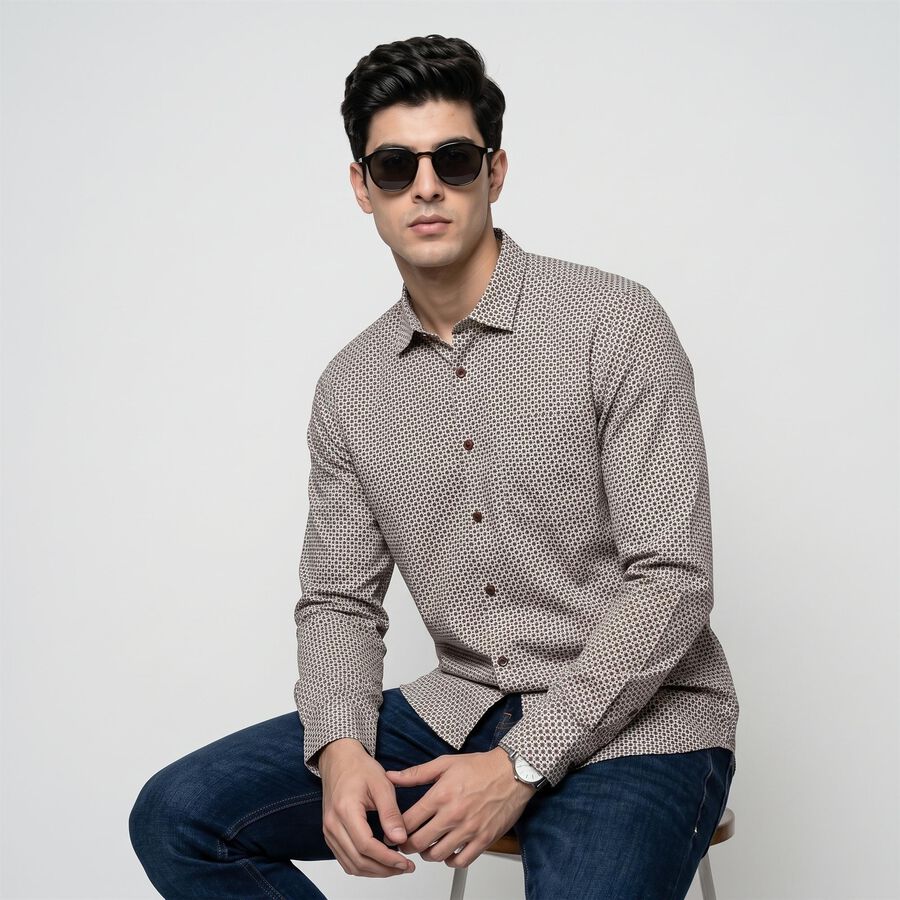 Men's Brown Cotton Spread Collar Casual Shirt, Brown, large