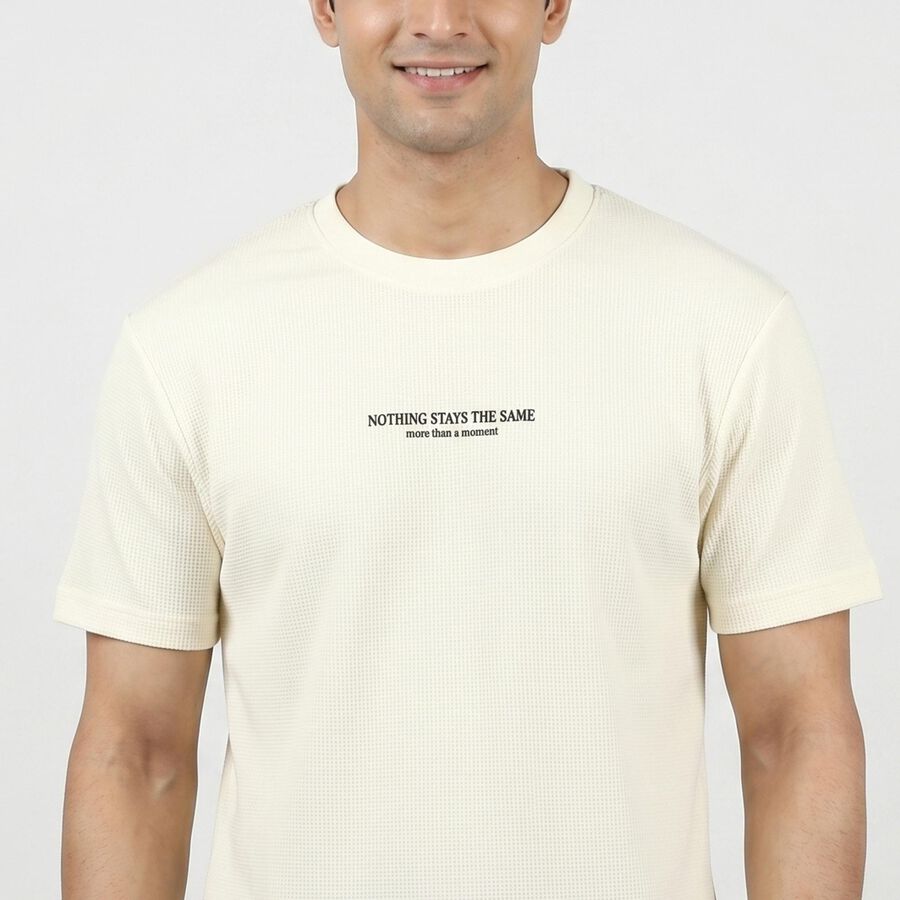 Men's White Round Neck Casual T-Shirt, ऑफ व्हाइट, large