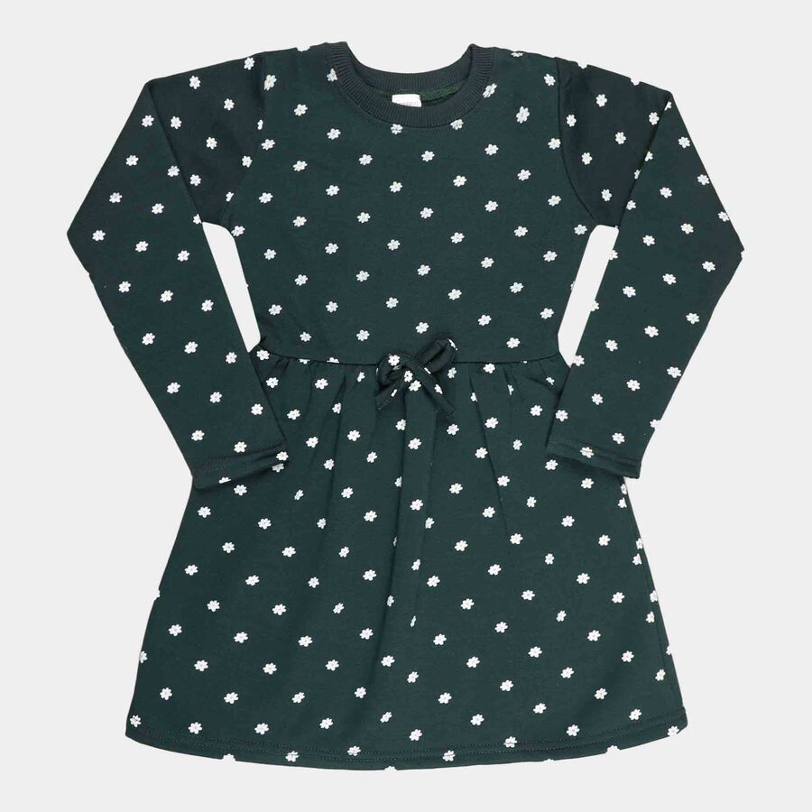 Girls Printed Frock, Dark Green, large image number null