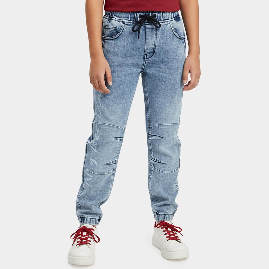 Boys' Blue Regular Fit Washed Jeans, Mid Blue, large