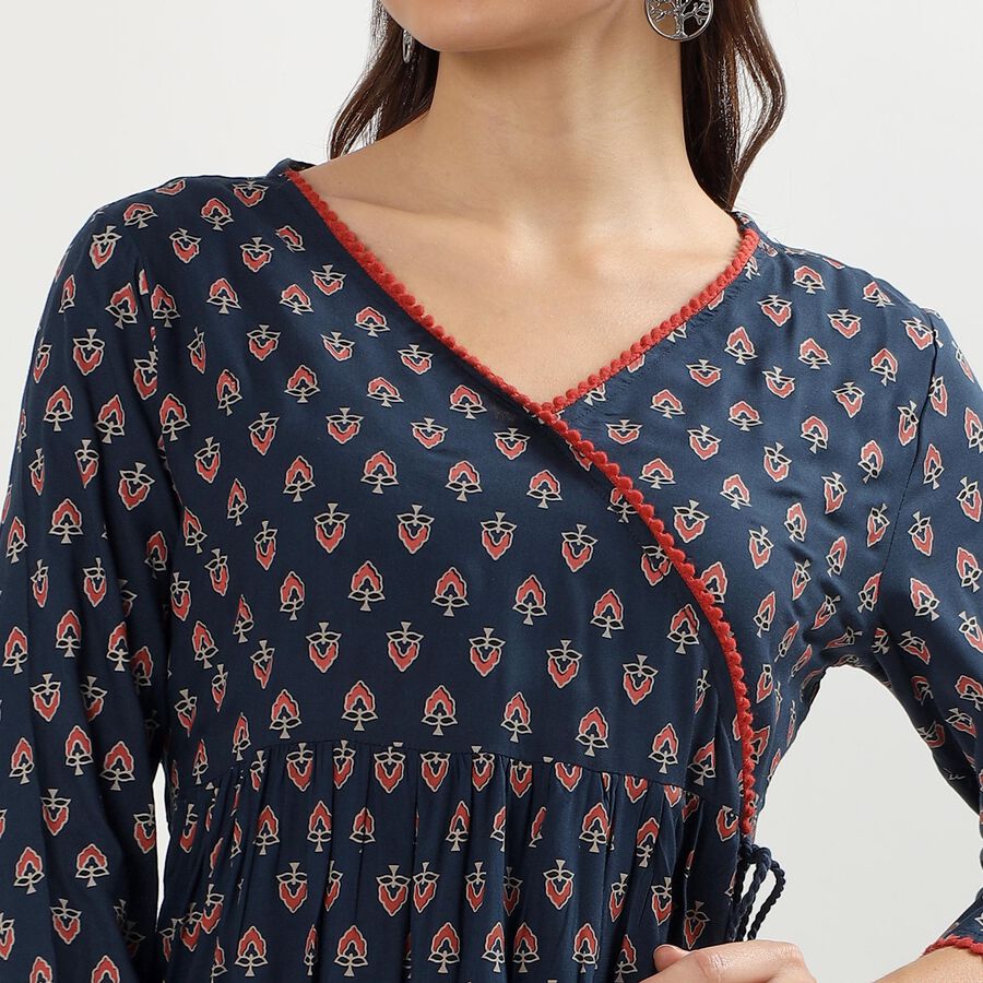 Women's Dark Blue Round Neck Printed Kurta, Dark Blue, large image number null