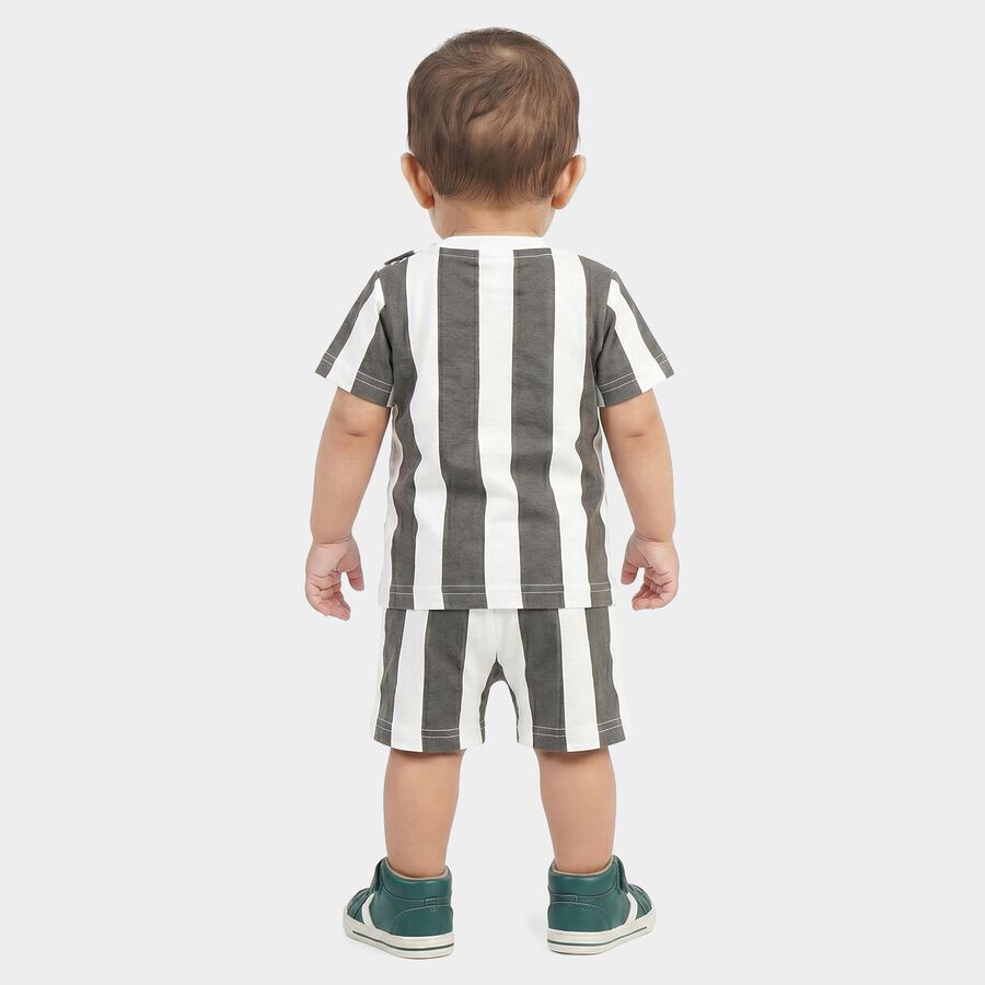 Infants' Charcoal Cotton Round Neck Striped Baba Suit, Charcoal, large
