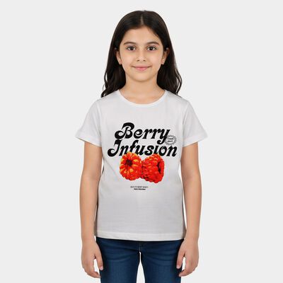 Girls White Round Neck Casual T-Shirt