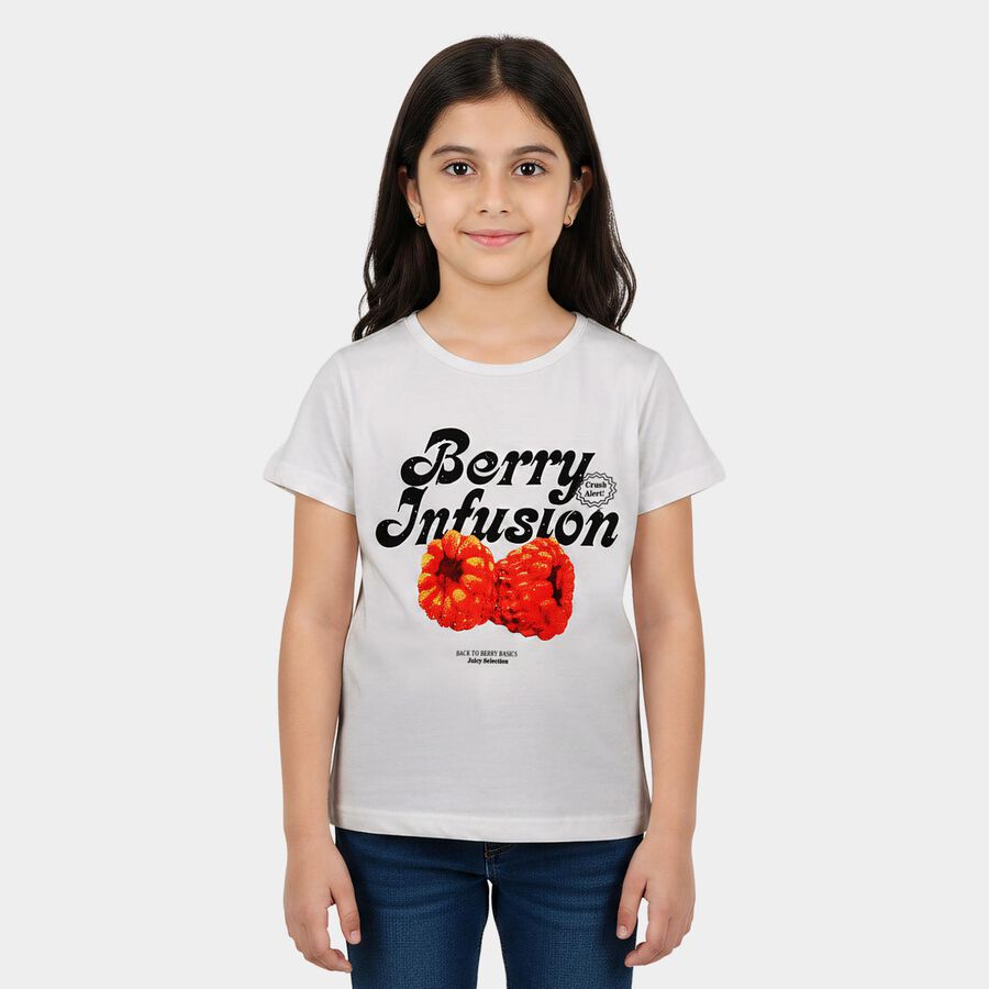 Girls White Round Neck Casual T-Shirt, सफ़ेद, large