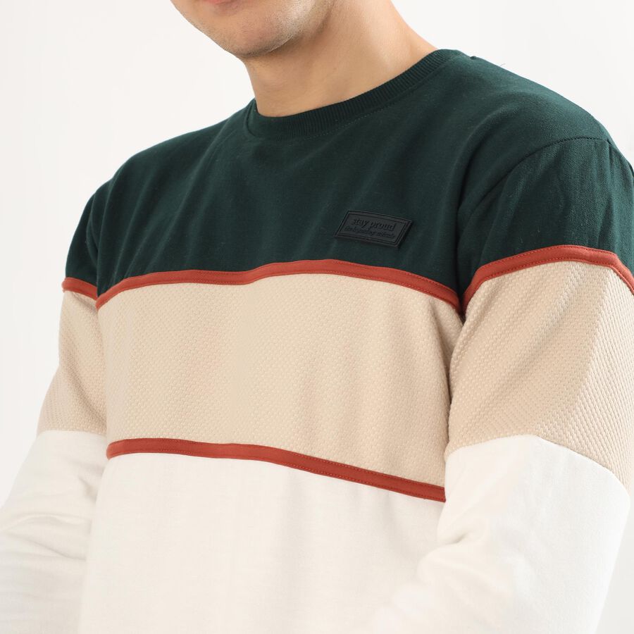 Men's Dark Green and Beige Crew Neck Casual Sweatshirt, Dark Green, large image number null