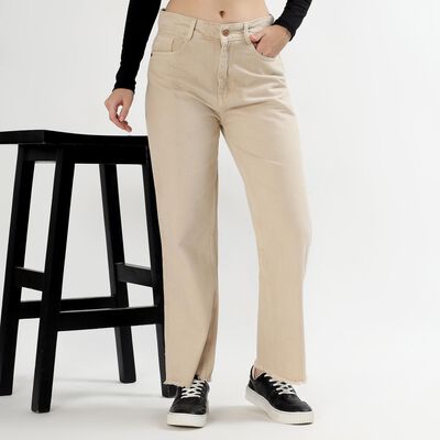 Women's Light Beige Wide Leg High Waist Jeans