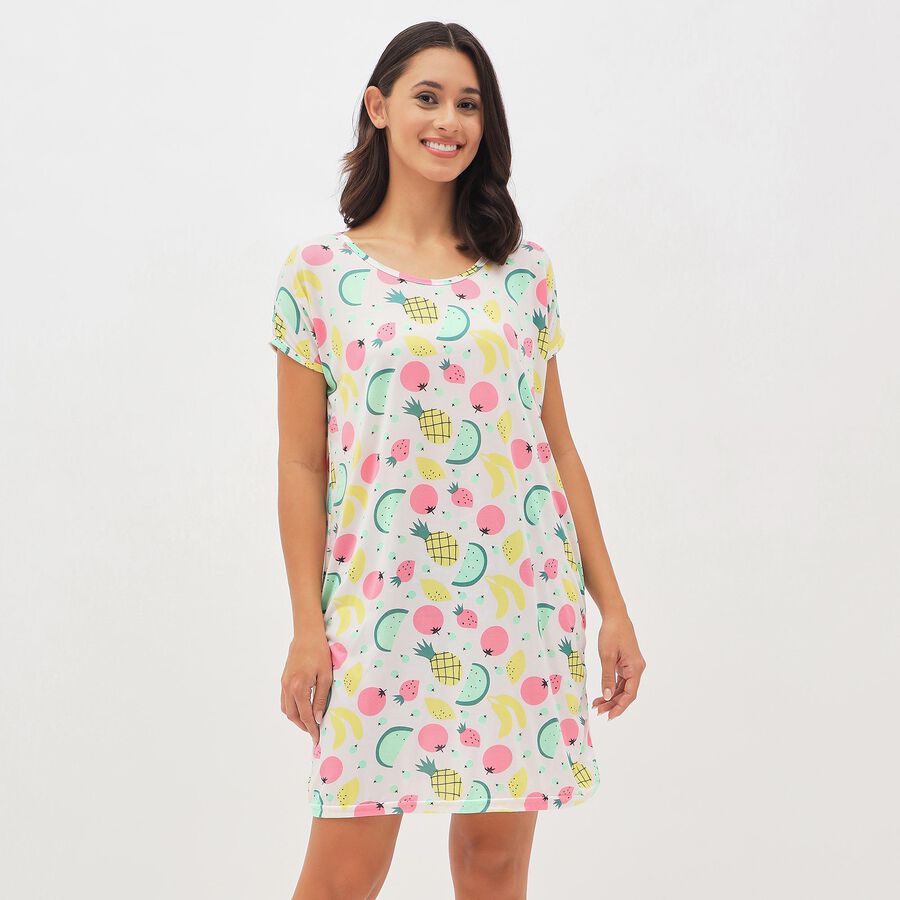 Women's Bright White Round Neck Casual Nighty, White, large image number null