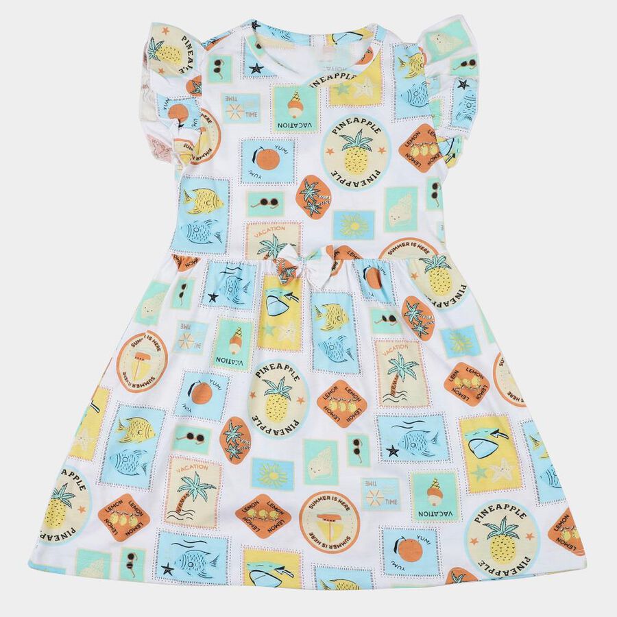 Girls' Off White Cotton Blend Casual Frock, Off White, large