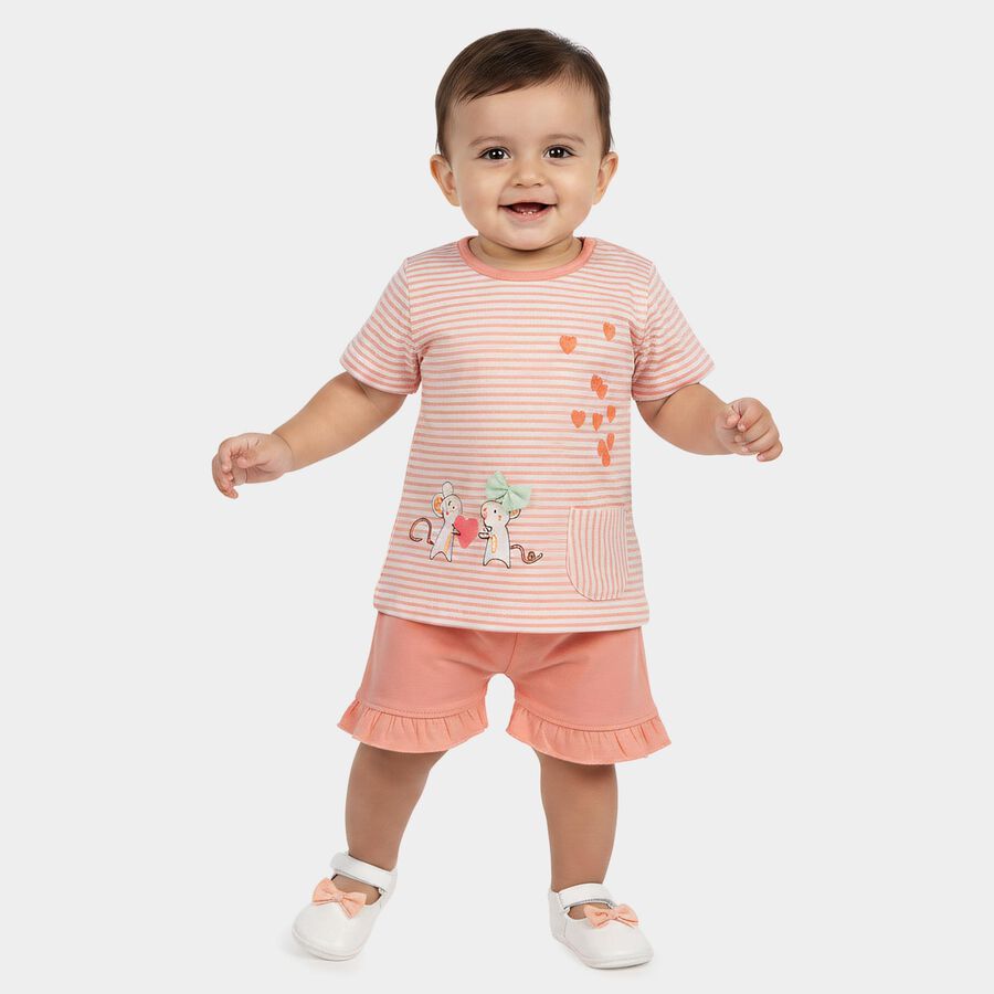 Infants Peach Cotton Shorts Set, Peach, large