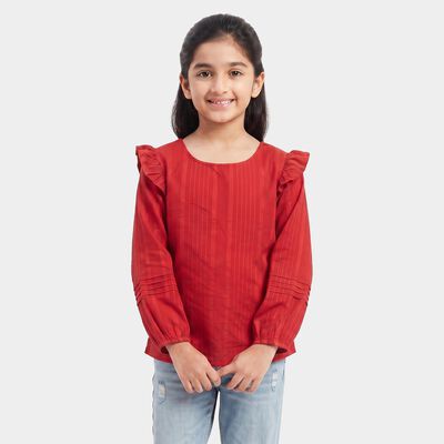 Girls' Red Round Neck Regular Top
