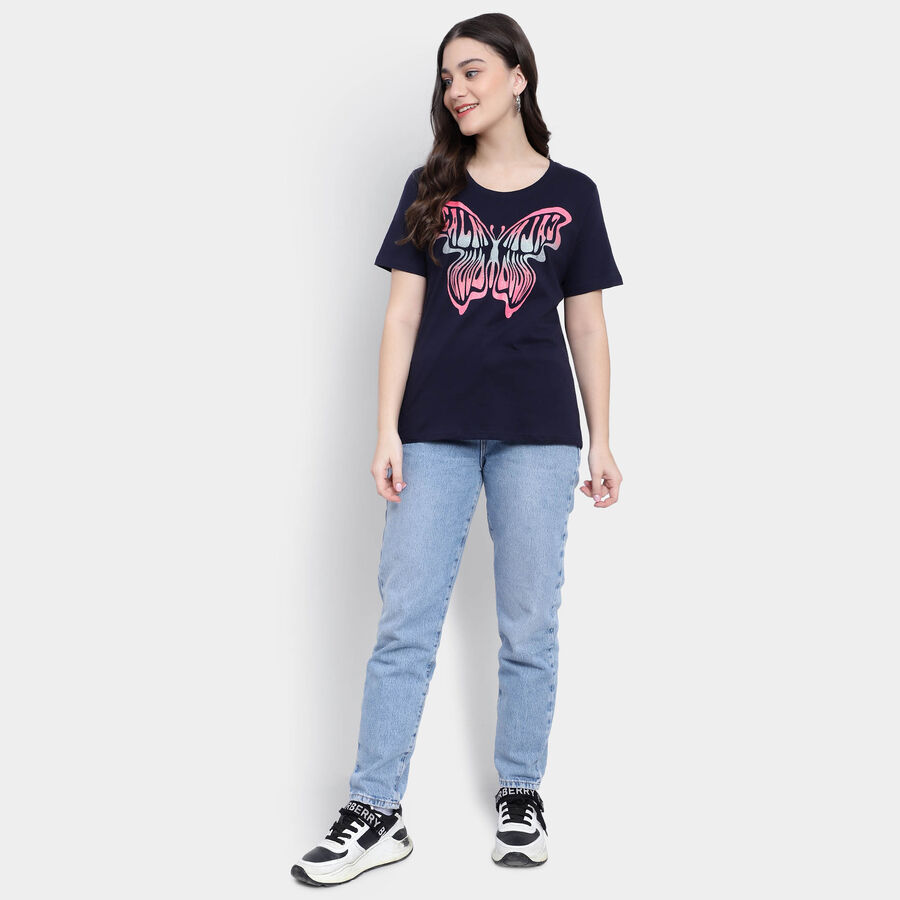 Cotton Solid Round Neck T-Shirt, Navy Blue, large image number null