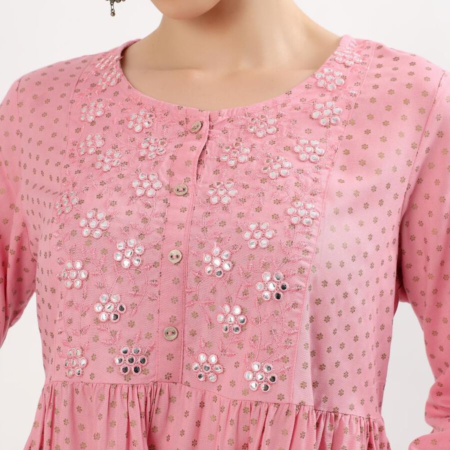 Women's Soft Dusty Pink Round Neck Embroidered Kurti, Pink, large image number null