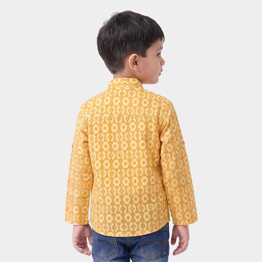 Boys' Yellow Cotton Mandarin Collar Casual Shirt, पीला, large