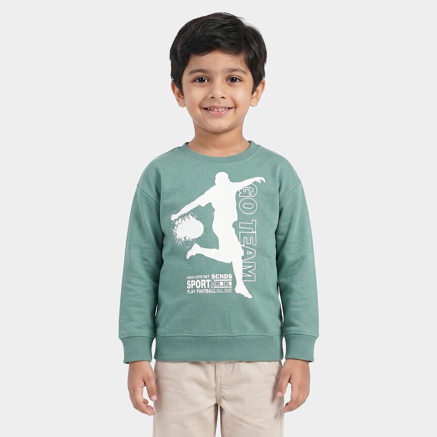 Boys' Green Crew Neck Graphic Print Sweatshirt, गहरा हरा, large